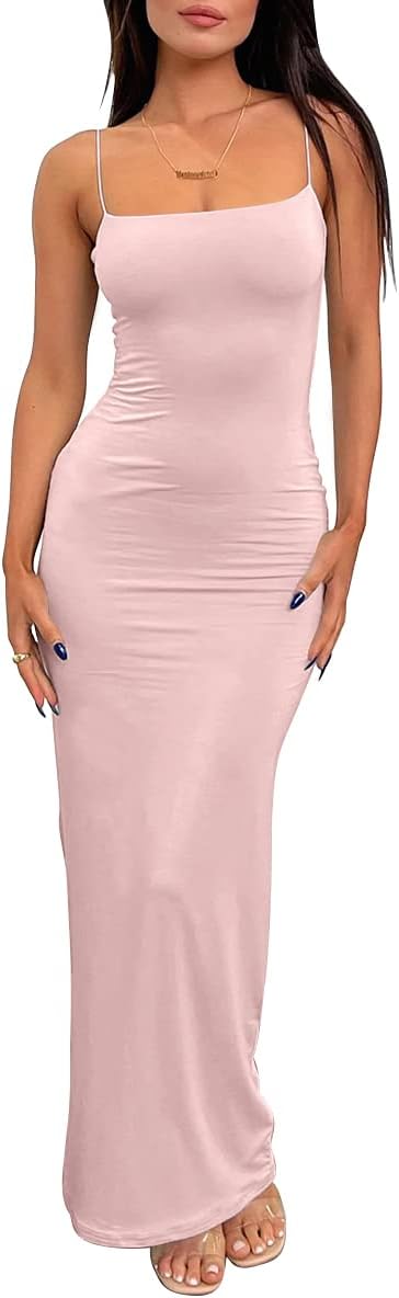 LILLUSORY Womens Summer Casual Slip Dresses Spaghetti Strap Double Lined Bodycon Maxi Dress