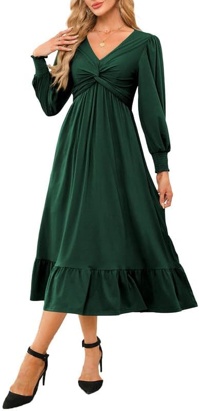 Dokotoo Womens 2024 Wrap V-Neck Twist Knot Long Sleeve Empire Waist Midi Maxi Dress A-Line Ruched Flowy Dress with Pockets