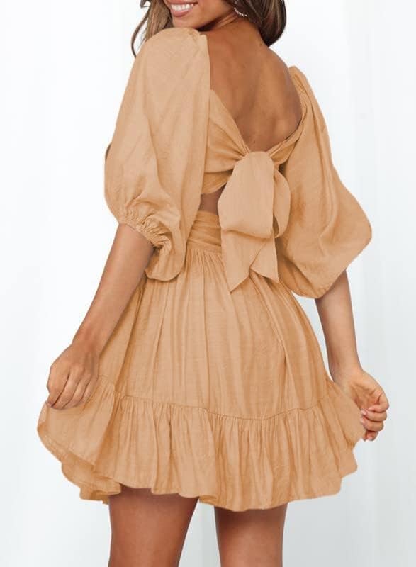 Dokotoo Womens Summer Dresses Square Neck Tie Back Lantern Sleeve Ruffle A-Line Casual Dress