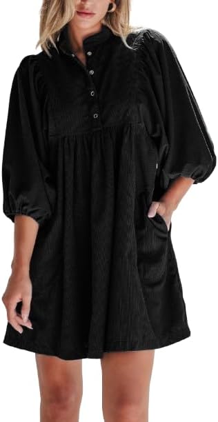 Womens Casual Dresses Corduroy Button Up Empire Waist 3/4 Sleeve Fall Winter Mini Babydoll Dress