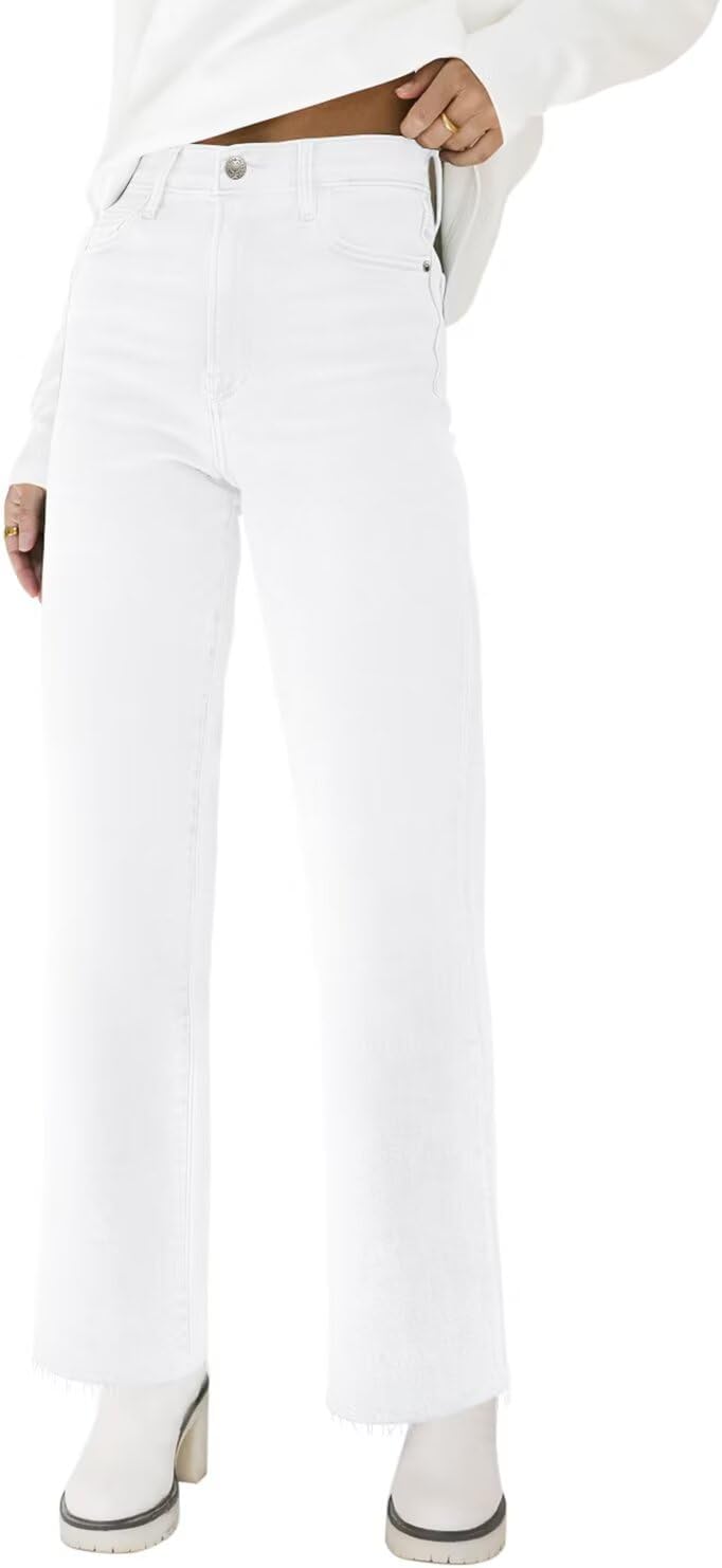 KDF Straight Leg Jeans for Women High Waisted Jeans Frayed Baggy Pants Raw Hem Loose Stretchy Cropped Wide Leg Jeans