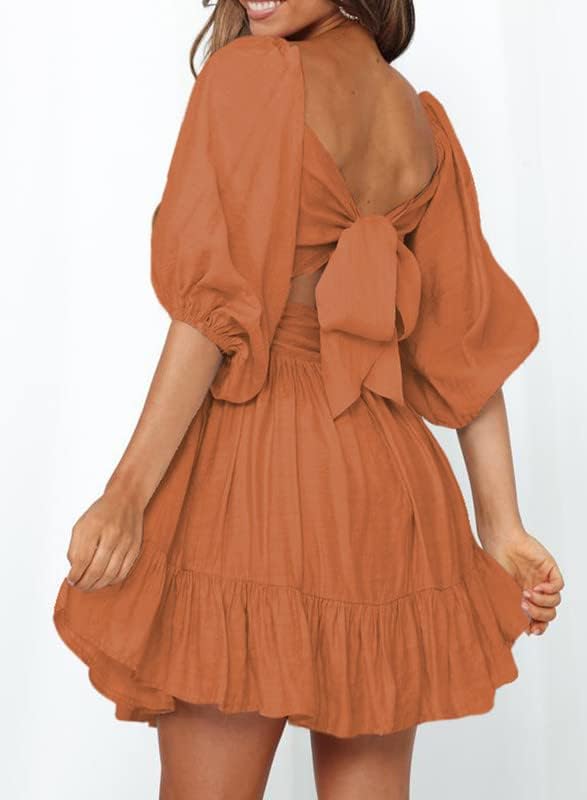 Dokotoo Womens Summer Dresses Square Neck Tie Back Lantern Sleeve Ruffle A-Line Casual Dress