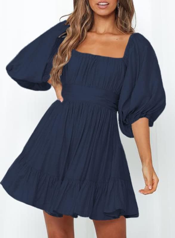 Dokotoo Womens Summer Dresses Square Neck Tie Back Lantern Sleeve Ruffle A-Line Casual Dress