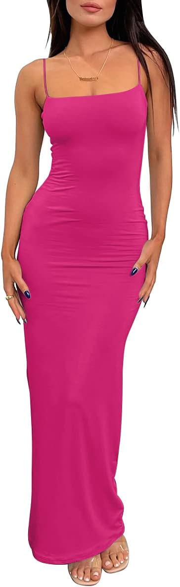 LILLUSORY Womens Summer Casual Slip Dresses Spaghetti Strap Double Lined Bodycon Maxi Dress