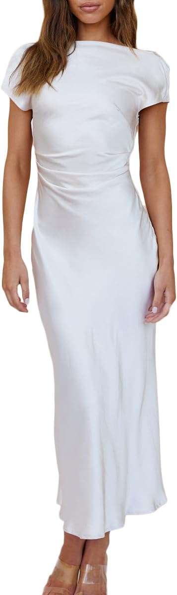 2025 Satin Cap Sleeve Cowl Back Summer Dresses for Women Elegant Ruched Waist Wedding Guest Midi Dress