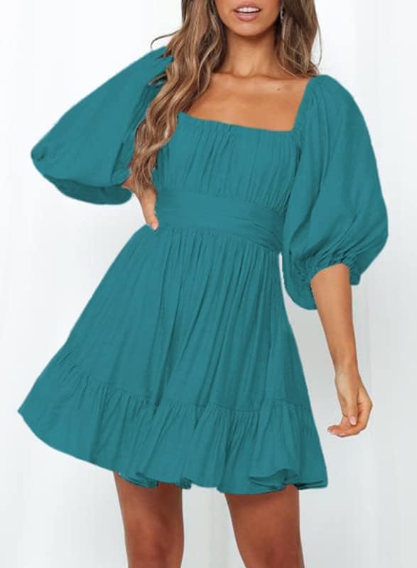 Dokotoo Womens Summer Dresses Square Neck Tie Back Lantern Sleeve Ruffle A-Line Casual Dress