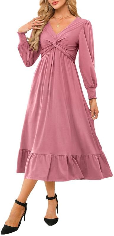 Dokotoo Womens 2024 Wrap V-Neck Twist Knot Long Sleeve Empire Waist Midi Maxi Dress A-Line Ruched Flowy Dress with Pockets