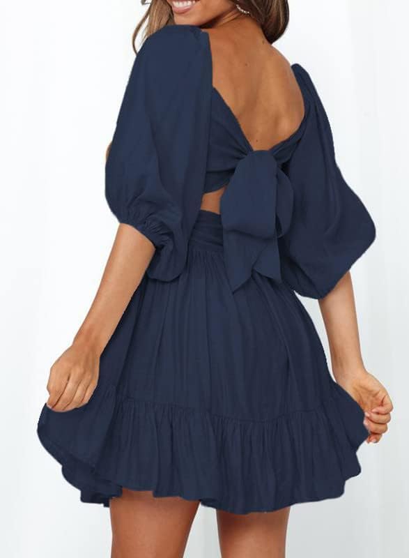 Dokotoo Womens Summer Dresses Square Neck Tie Back Lantern Sleeve Ruffle A-Line Casual Dress