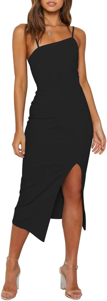 OWIN Women's Adjustable Spaghetti Straps Sleeveless High Waist Split Midi Bodycon Cocktail Party Dress