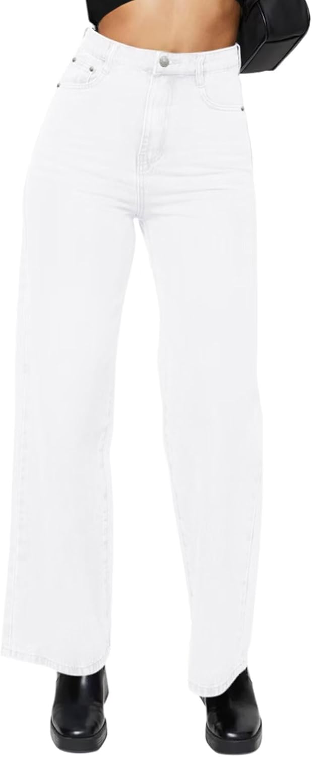 KDF Straight Leg Jeans for Women High Waisted Jeans Frayed Baggy Pants Raw Hem Loose Stretchy Cropped Wide Leg Jeans