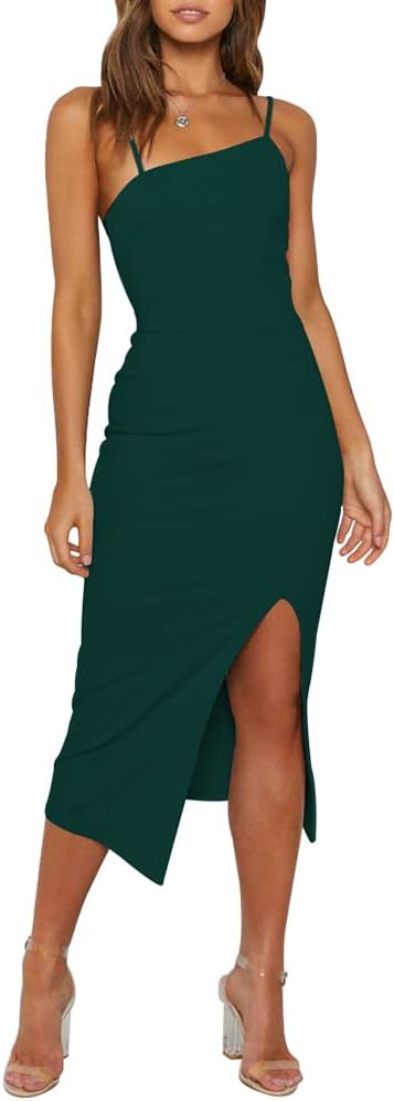 OWIN Women's Adjustable Spaghetti Straps Sleeveless High Waist Split Midi Bodycon Cocktail Party Dress