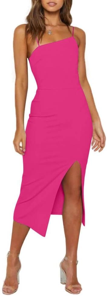 OWIN Women's Adjustable Spaghetti Straps Sleeveless High Waist Split Midi Bodycon Cocktail Party Dress
