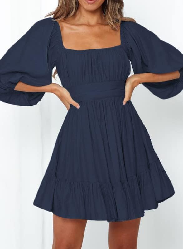 Dokotoo Womens Summer Dresses Square Neck Tie Back Lantern Sleeve Ruffle A-Line Casual Dress
