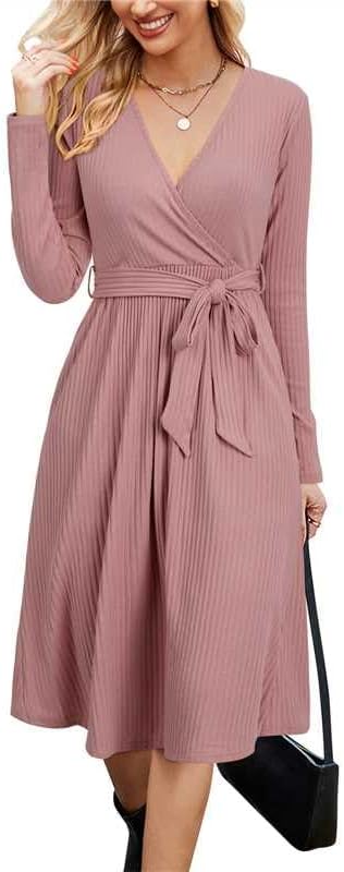 Newshows Womens 2025 Fall Dresses Teacher Church Business Casual Work Outfits Knit Midi Sweater Pockets Belt Dress