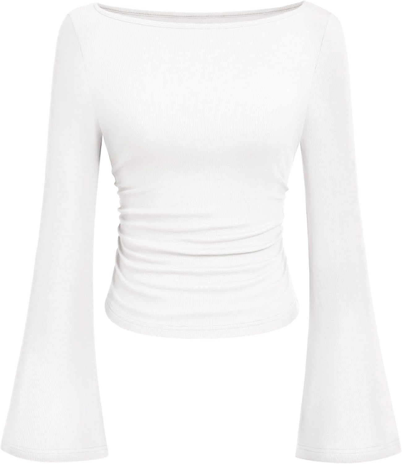 PRETTYGARDEN Women's Long Sleeve Shirts 2025 Fall Crop Going Out Tops Casual Boat Neck Bell Sleeve Ribbed Ruched Y2K Clothes