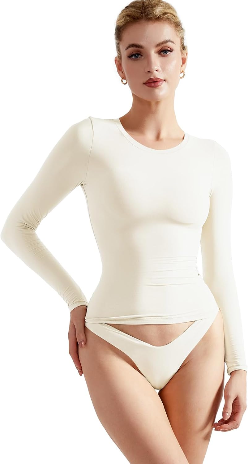 SUUKSESS Women Double Lined Fitted Basic T Shirts Crew Neck Long Sleeve Crop Top