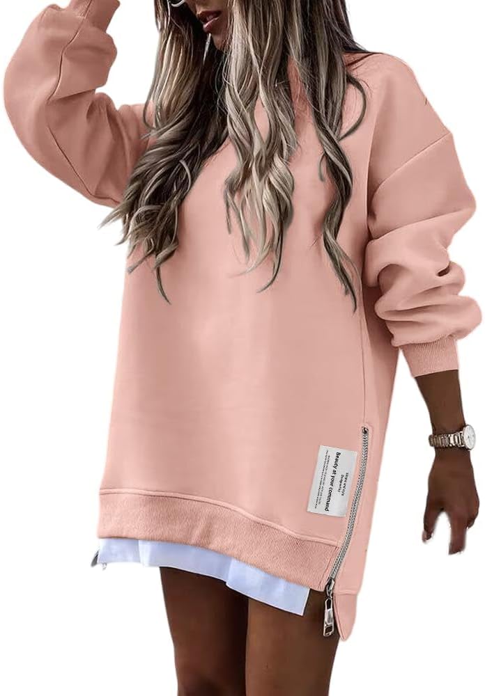 CHICME Womens Long Sleeve Zipper Slit Oversized Sweatshirt 2025 Casual Pullover Zipper Hoodies Fall Clothes