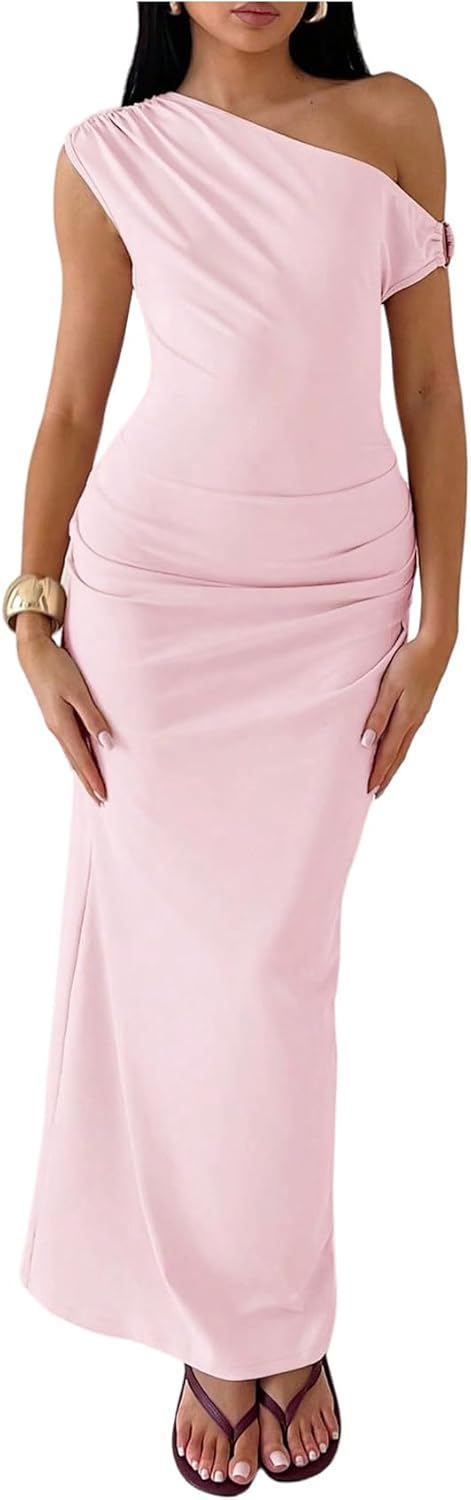Verdusa Women's Off The Shoulder Wedding Guest Dress Asymmetrical Ruched Sleeveless Maxi Dresses