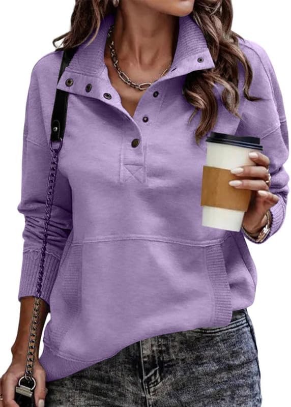 SHEWIN Women's Casual Long Sleeve Stand Neck Sweatshirt Lightweight Button Drawstring Pullover Tops