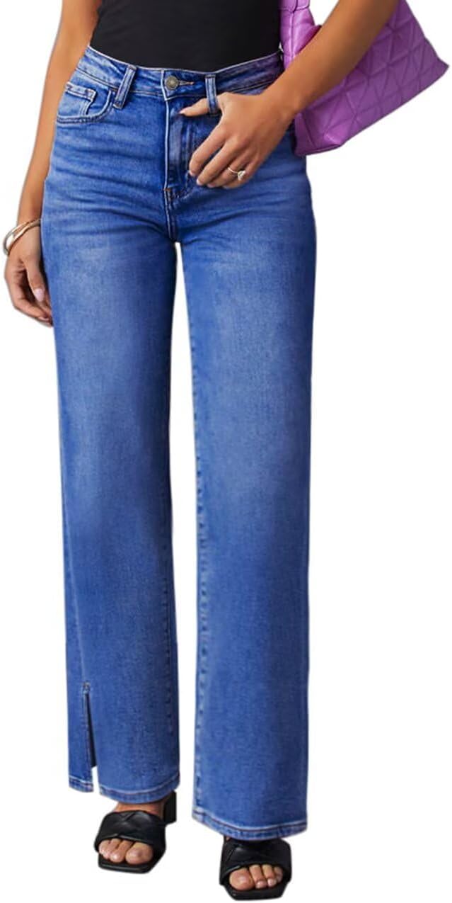 KDF Straight Leg Jeans for Women High Waisted Jeans Frayed Baggy Pants Raw Hem Loose Stretchy Cropped Wide Leg Jeans