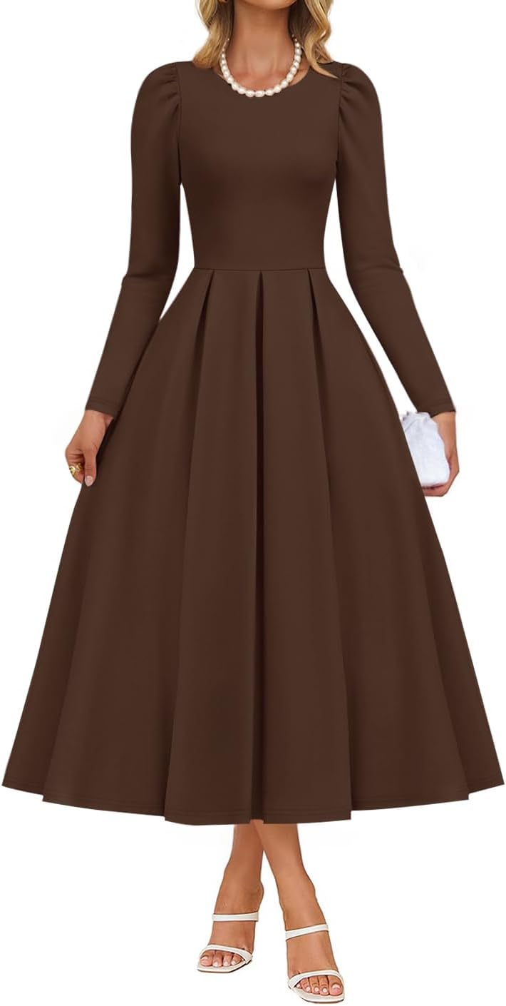 ZESICA Women's Long Sleeve Midi Dresses 2025 Fall Elegant Crewneck Swing A Line Wedding Guest Party Dress with Pockets