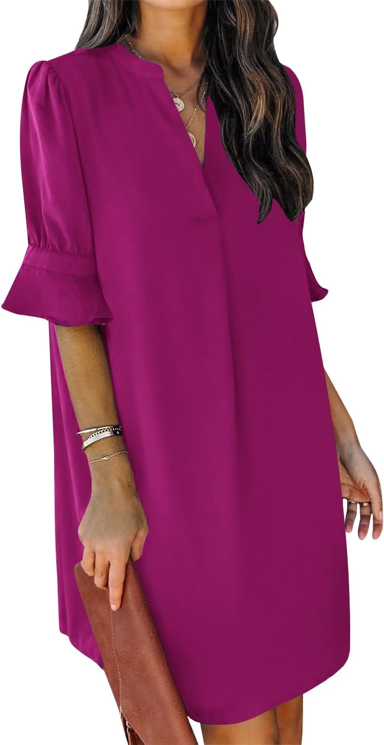 QACOHU Summer Dresses for Women V Neck Ruffle Short Sleeve Casual Shift Dress