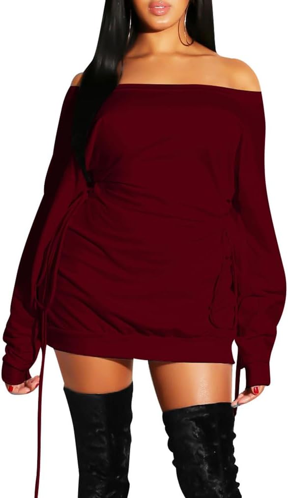 GOKATOSAU Women's Sexy Casual Off Shoulder Long Sleeve Lace Up Loose Club Mini Dress