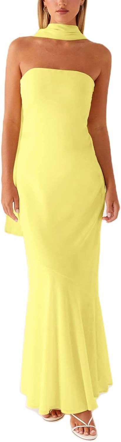 Women Strapless Floral Dress with Sarf Mesh Tube Maxi Dress Summer Cocktail Wedding Guest