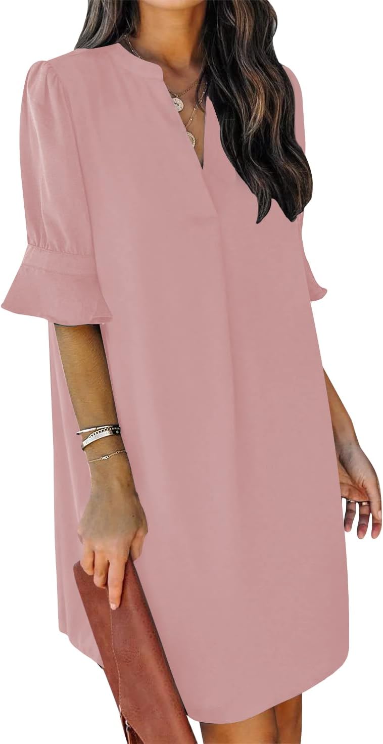 QACOHU Summer Dresses for Women V Neck Ruffle Short Sleeve Casual Shift Dress