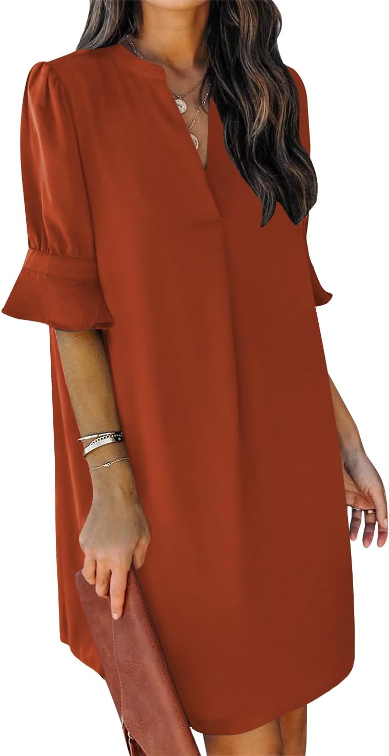 QACOHU Summer Dresses for Women V Neck Ruffle Short Sleeve Casual Shift Dress