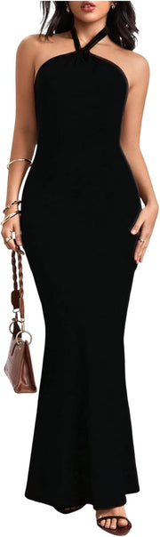 SOLY HUX Women's Bodycon Maxi Dress Halter Neck Sleeveless Backless Twist Party Club Going Out Long Dresses