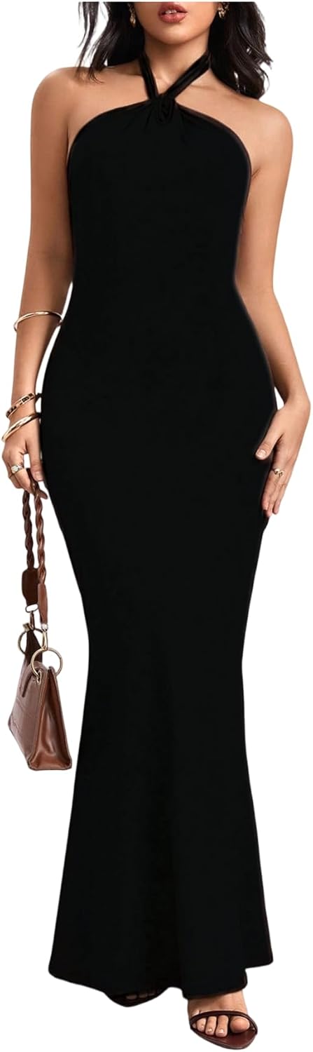 SOLY HUX Women's Bodycon Maxi Dress Halter Neck Sleeveless Backless Twist Party Club Going Out Long Dresses