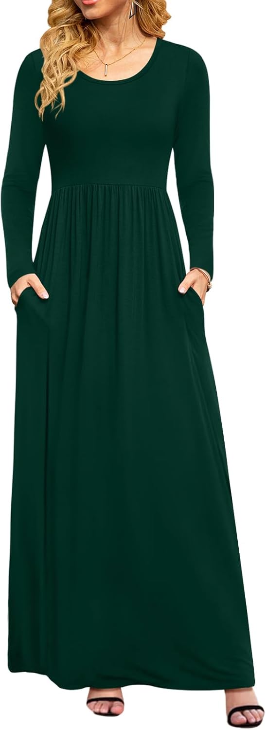 DB MOON Women Casual Long Sleeve Maxi Dresses Empire Waist Long Dress with Pockets