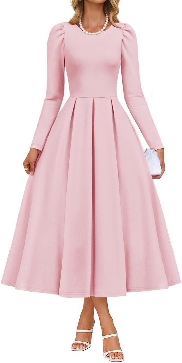 ZESICA Women's Long Sleeve Midi Dresses 2025 Fall Elegant Crewneck Swing A Line Wedding Guest Party Dress with Pockets