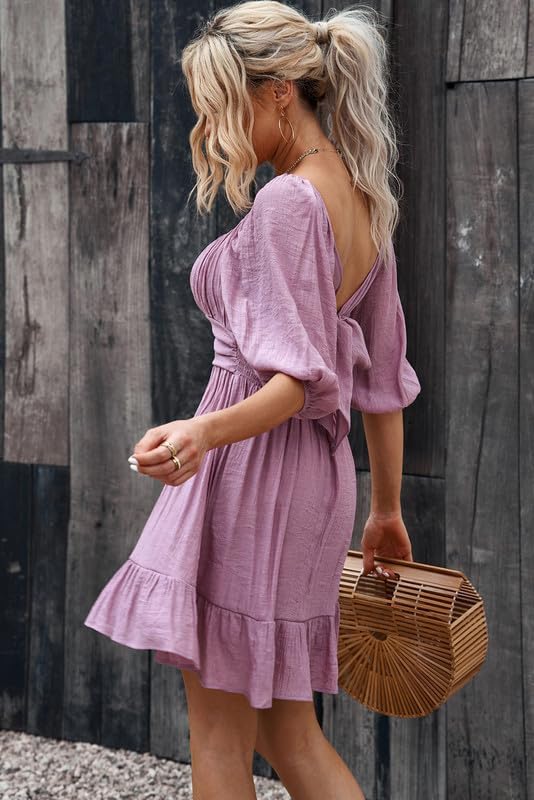 Dokotoo Womens Summer Dresses Square Neck Tie Back Lantern Sleeve Ruffle A-Line Casual Dress