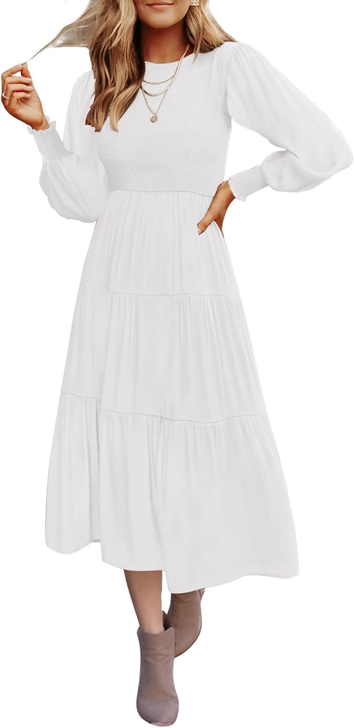 ZESICA Women's Casual Long Sleeve Crew Neck High Waist Smocked Flowy Tiered Midi Dress