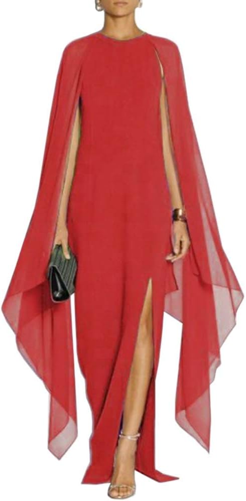 MAYFASEY Women's Elegant High Split Flare Sleeve Formal Evening Gowns Maxi Dress with Cape