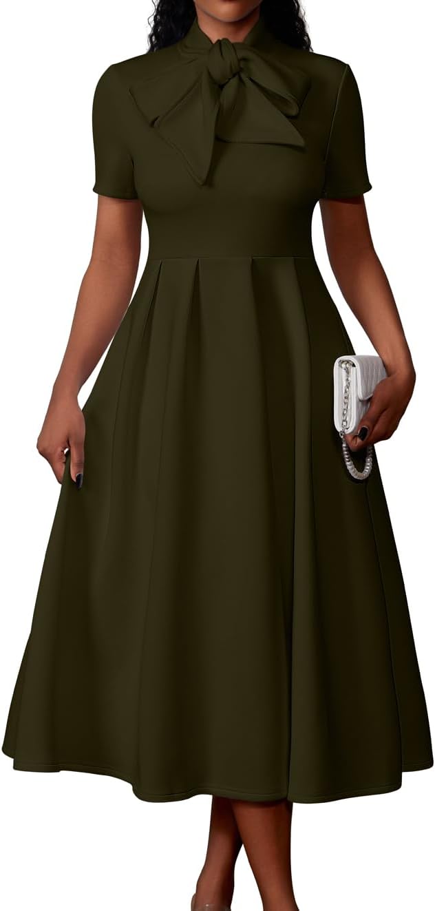 Memoriesea Women's Elegant Casual Short Sleeve Work Party A-Line Dress with Pockets