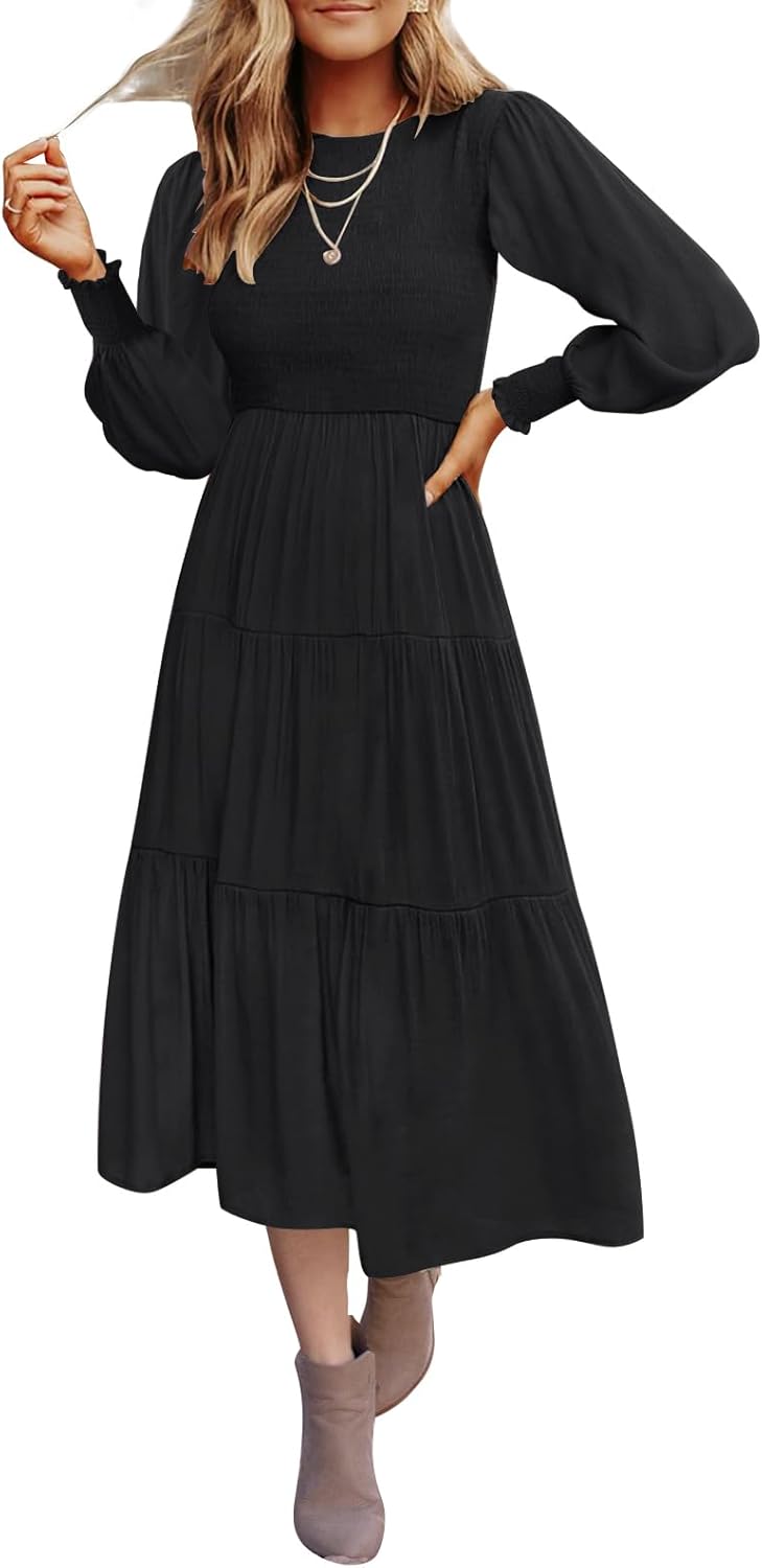 ZESICA Women's Casual Long Sleeve Crew Neck High Waist Smocked Flowy Tiered Midi Dress
