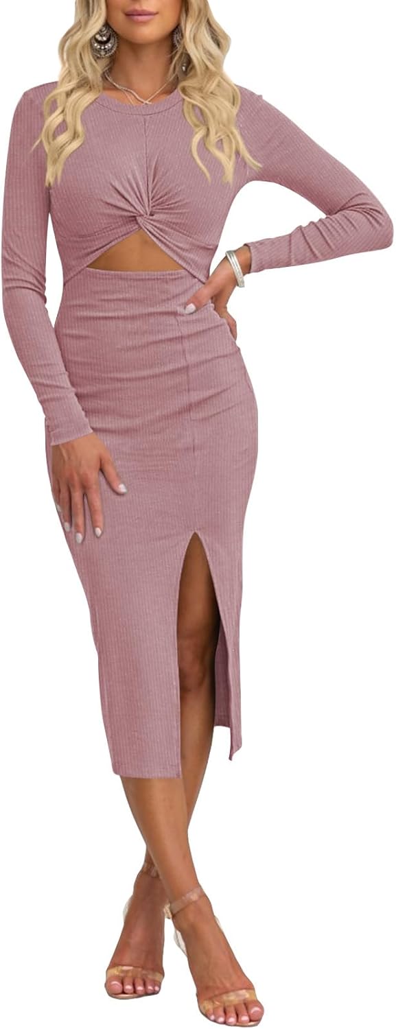 Pink Queen Women's Crew Neck Long Sleeve Midi Dress Cutout Twist Front Bodycon Slit Pencil Ribbed Knit Dresses