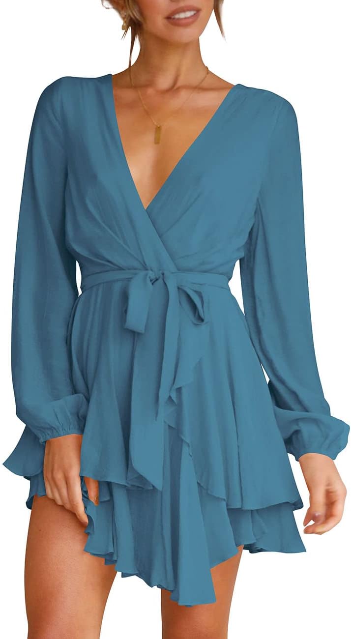 Cosonsen Women's Dress Deep V-Neck Long Sleeve Waist Tie Ruffle Mini Swing Skater Dresses