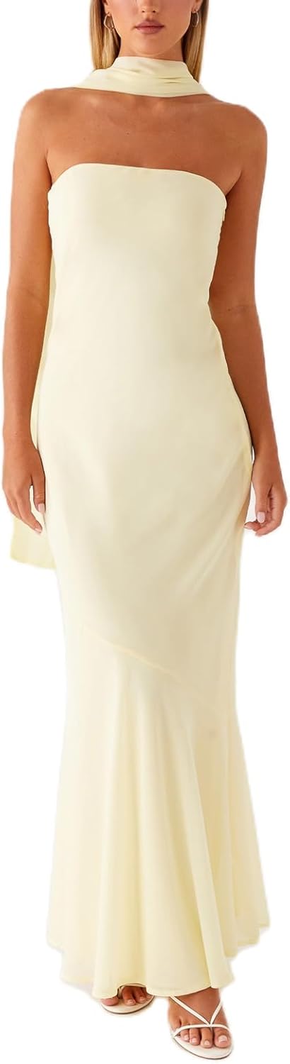 Women Strapless Floral Dress with Sarf Mesh Tube Maxi Dress Summer Cocktail Wedding Guest