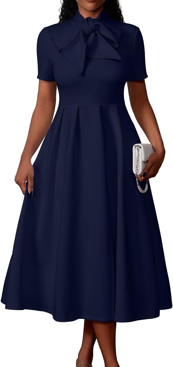 Memoriesea Women's Elegant Casual Short Sleeve Work Party A-Line Dress with Pockets