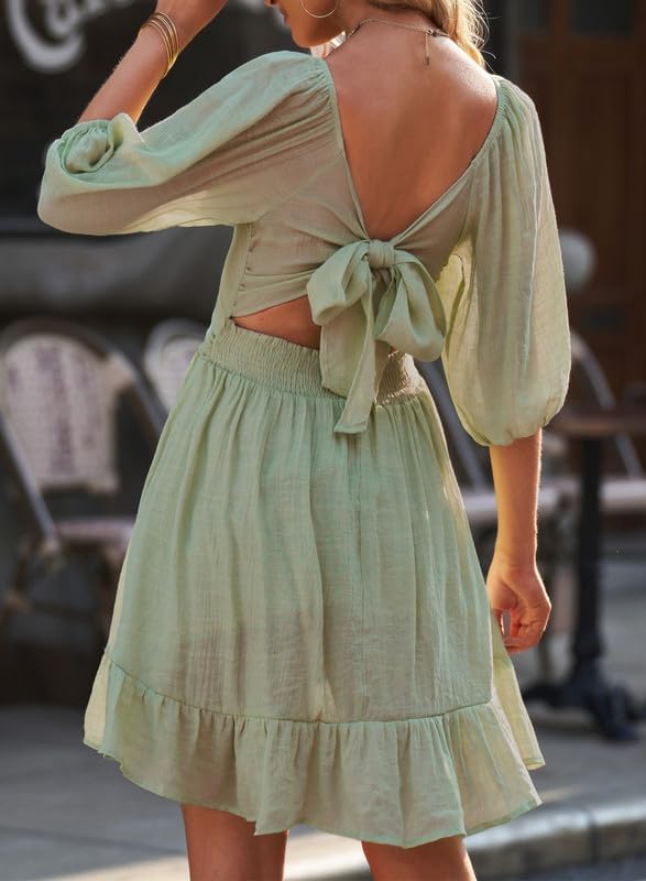 Dokotoo Womens Summer Dresses Square Neck Tie Back Lantern Sleeve Ruffle A-Line Casual Dress