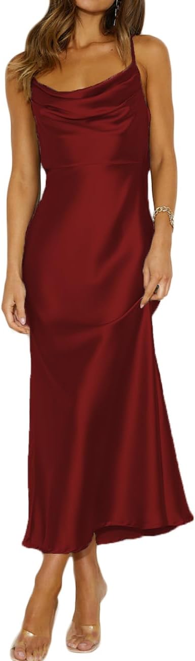 Summer Satin Spaghetti Strap Cowl Neck Backless Midi Dresses for Women Elegant Tie Low Back Ruched Cocktail Dress