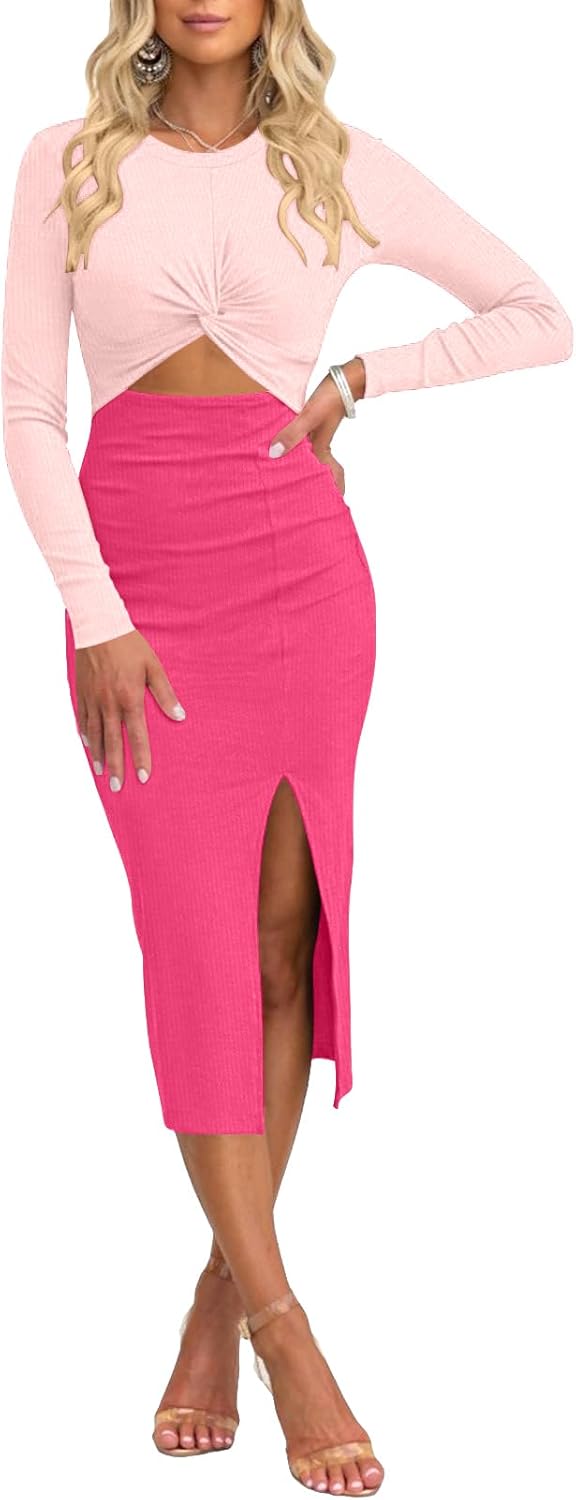 oten Women Casual Long Sleeve Cutout Twist Front Side Slit Ribbed Knit Party Bodycon Midi Dresses