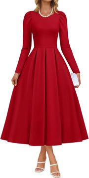 ZESICA Women's Long Sleeve Midi Dresses 2025 Fall Elegant Crewneck Swing A Line Wedding Guest Party Dress with Pockets