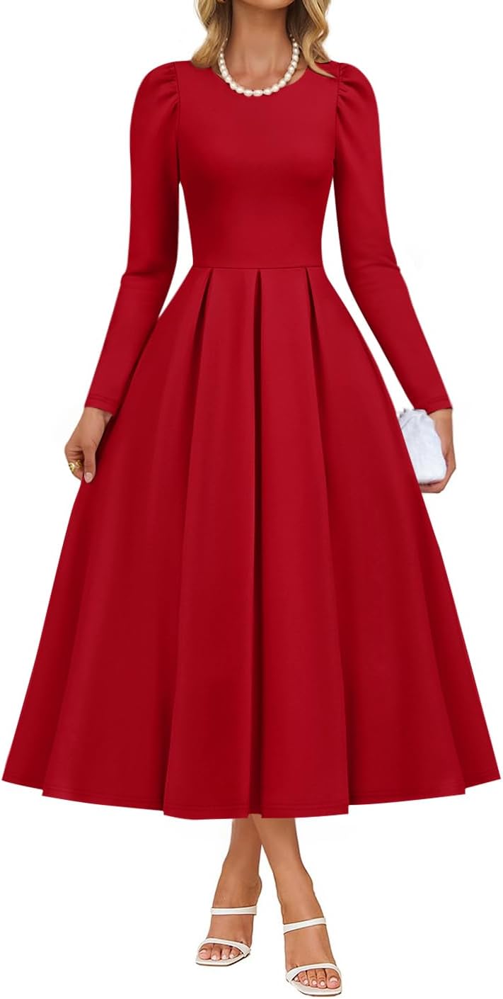 ZESICA Women's Long Sleeve Midi Dresses 2025 Fall Elegant Crewneck Swing A Line Wedding Guest Party Dress with Pockets