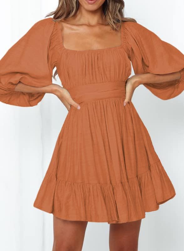 Dokotoo Womens Summer Dresses Square Neck Tie Back Lantern Sleeve Ruffle A-Line Casual Dress