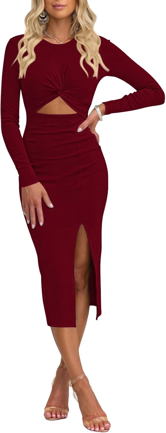 Pink Queen Women's Crew Neck Long Sleeve Midi Dress Cutout Twist Front Bodycon Slit Pencil Ribbed Knit Dresses